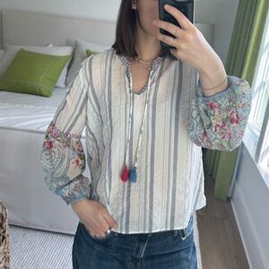 Johnny Was Striped Blouse with Floral Embroidery